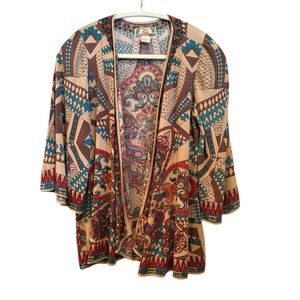 Flying Tomato Geometric Pattern Cardigan/Kimono Open Front 3/4 Sleeve Sz M